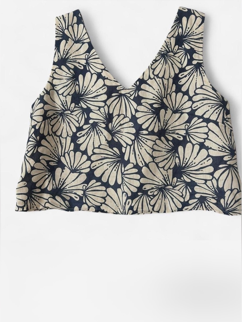 Magaschoni Navy and Cream Floral Design 100% Linen Top